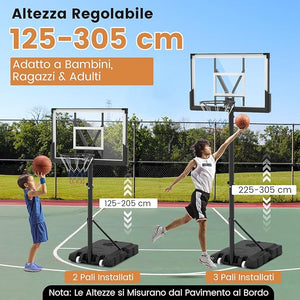 Canestro da Basket Regolabile 125-305 cm in Altezza per Bambini ed Adulti, Canestro con Piantana a Ruote, Canestro con Asta e Base Riempibile per Interno ed Esterno, Nero