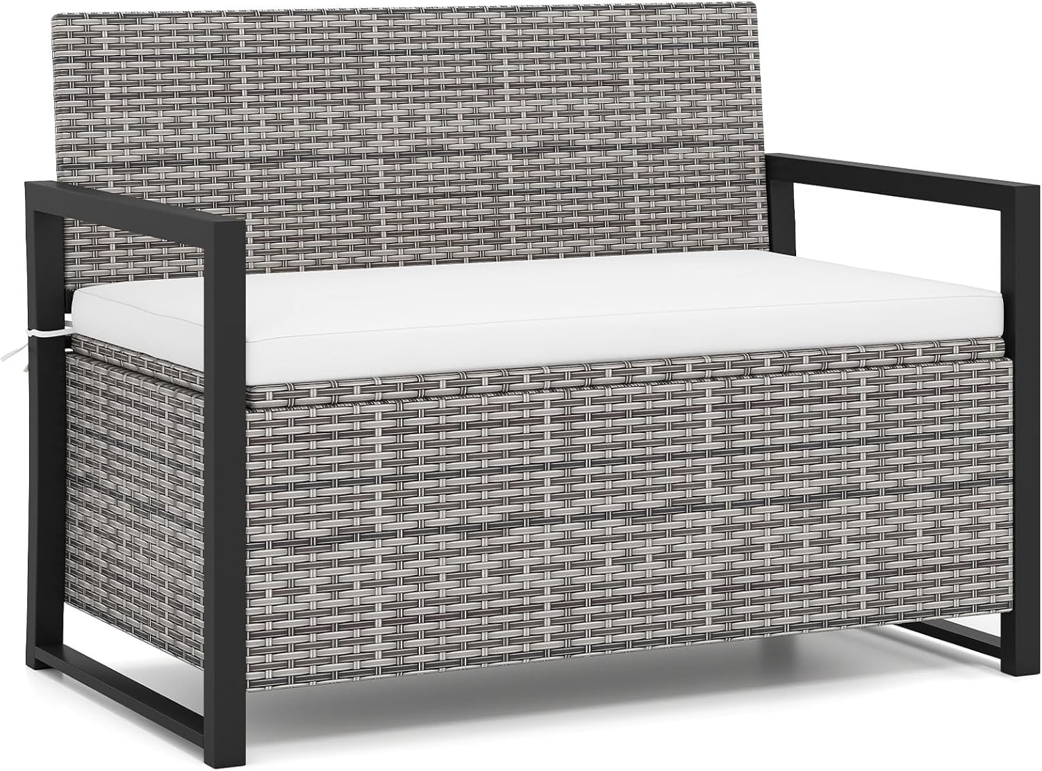 Panchina da Esterno in Rattan PE 117 x 62 x 85 cm, Cassapanca Contenitore da Esterno con Cuscino, Telaio in Metallo, Spazio di Stoccaggio e Fodera Protettiva per Patio, Bordo Piscina e Balcone