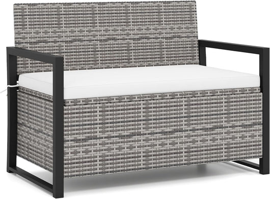 Panchina da Esterno in Rattan PE 117 x 62 x 85 cm, Cassapanca Contenitore da Esterno con Cuscino, Telaio in Metallo, Spazio di Stoccaggio e Fodera Protettiva per Patio, Bordo Piscina e Balcone