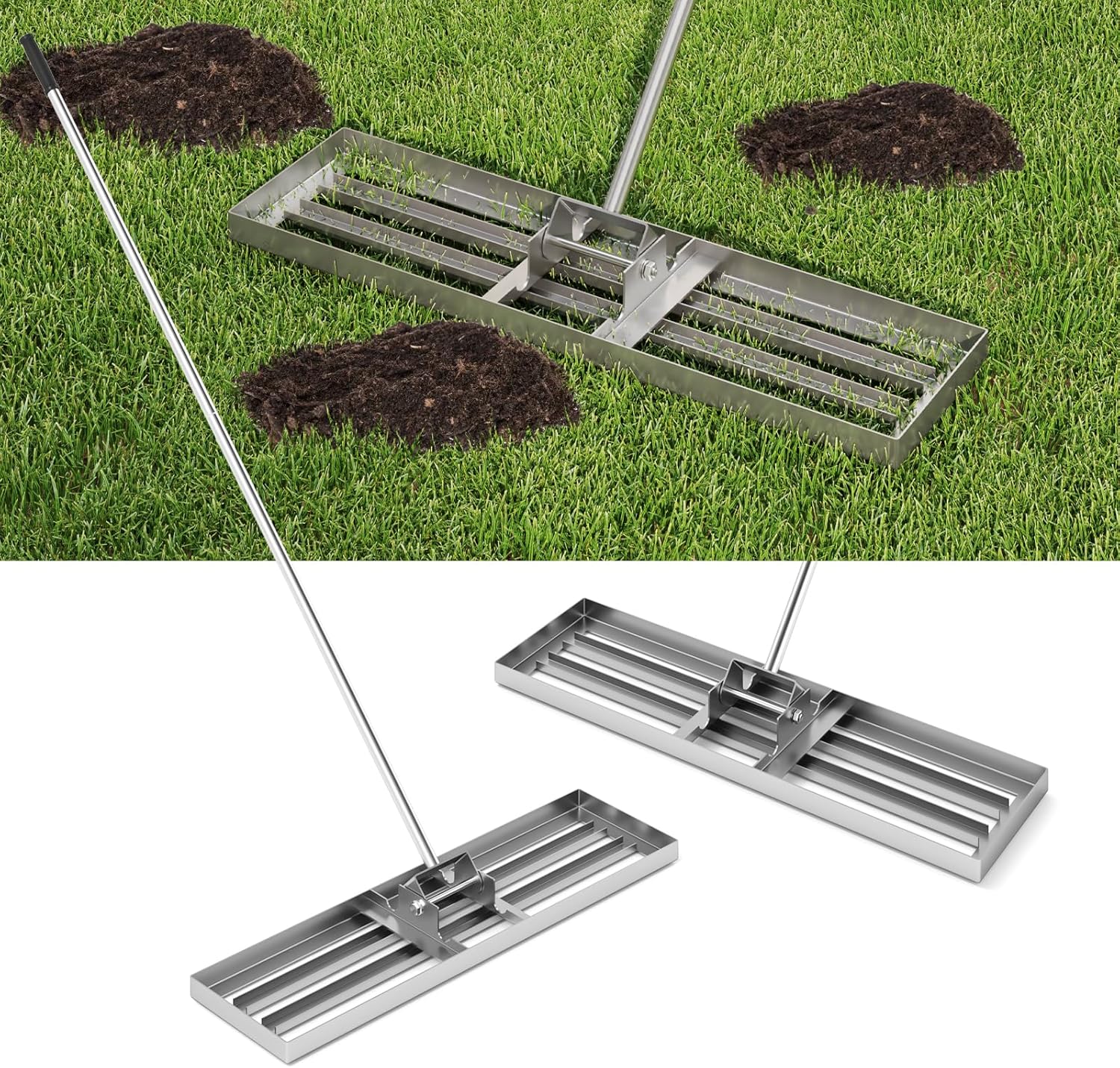 Rastrello Livellatore per Prato, Attrezzo per la Livellatura del Prato con Manico Ergonomico, Livellatrice per Giardino, Cortile, Campo da Golf, Fattoria e Pascolo (Argento 91 x 25 cm)