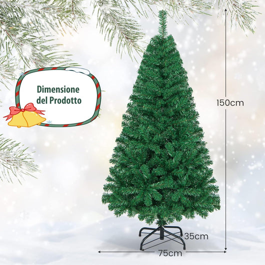 Albero di Natale 150/180/210/240 cm, Albero di Natale Artificiale e Folto con 350/650/950/1138 Rami e Base in Metallo, Albero di Natale Realistico per Casa, Ufficio e Negozio, Verde (150 cm)