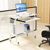 Scrivania con Ruote, Vassoio per Tastiera, Supporto per CPU e Ganci, Scrivania Moderna in Legno e Metallo per Salotto e Camera da Letto, 80 x 50 x 78 cm (Bianco)