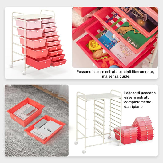 Carrello con 15 Cassetti Impilabili, Carrello di Stoccaggio con Ruote, Carello Portaoggetti per Casa e Ufficio, 62,5 x 37 x 87 cm (Rosa)