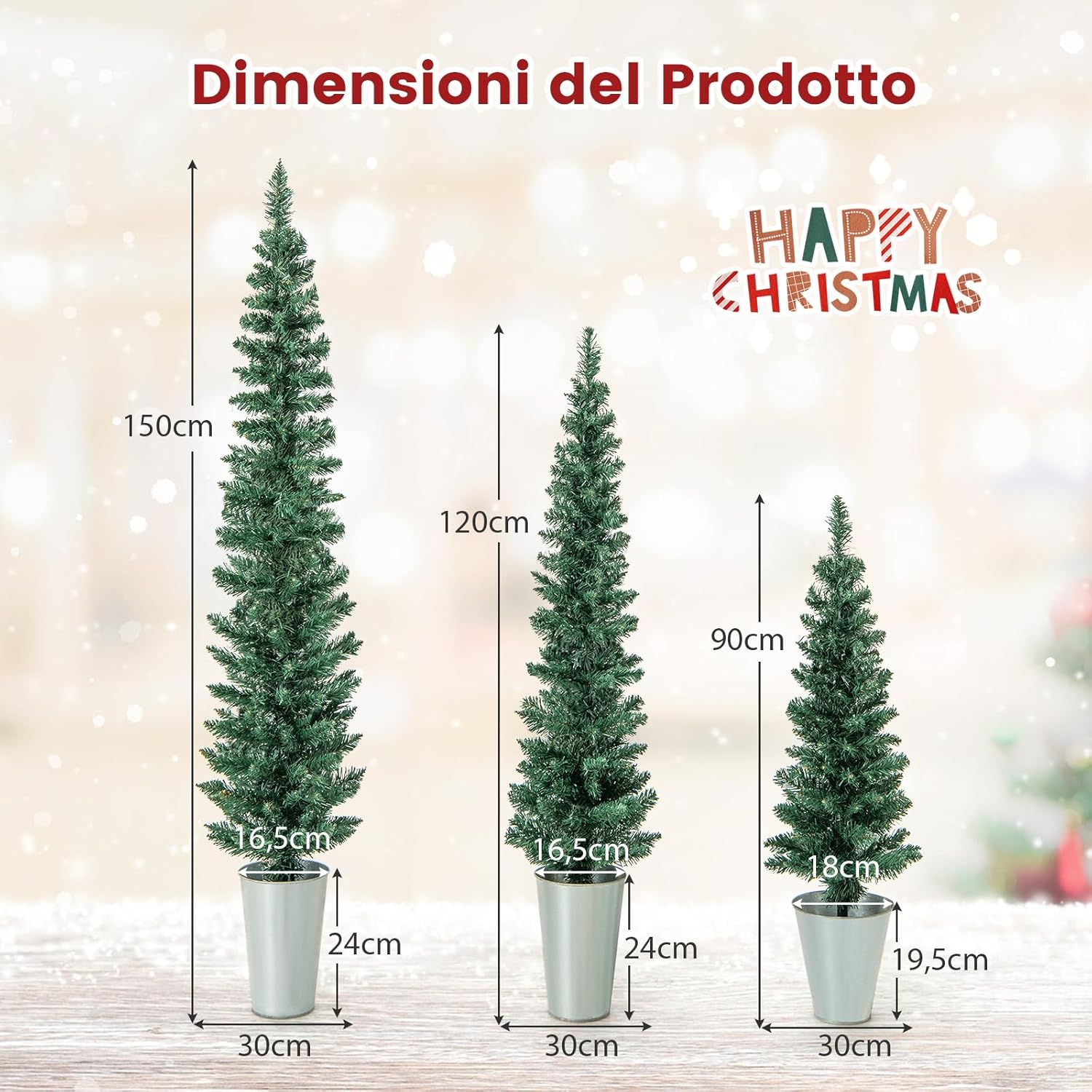 Set di 3 Alberi di Natale Artificiali da 90 CM + 120 CM + 150 CM, Alberi di Natale Slim con 120 + 140 + 160 Punte di Ramo e Basi in Metallo Riempite di Cemento, Decorazione Natalizia Interna