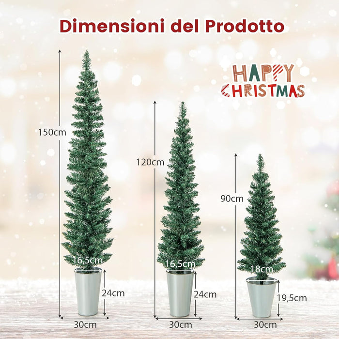 Set di 3 Alberi di Natale Artificiali da 90 CM + 120 CM + 150 CM, Alberi di Natale Slim con 120 + 140 + 160 Punte di Ramo e Basi in Metallo Riempite di Cemento, Decorazione Natalizia Interna