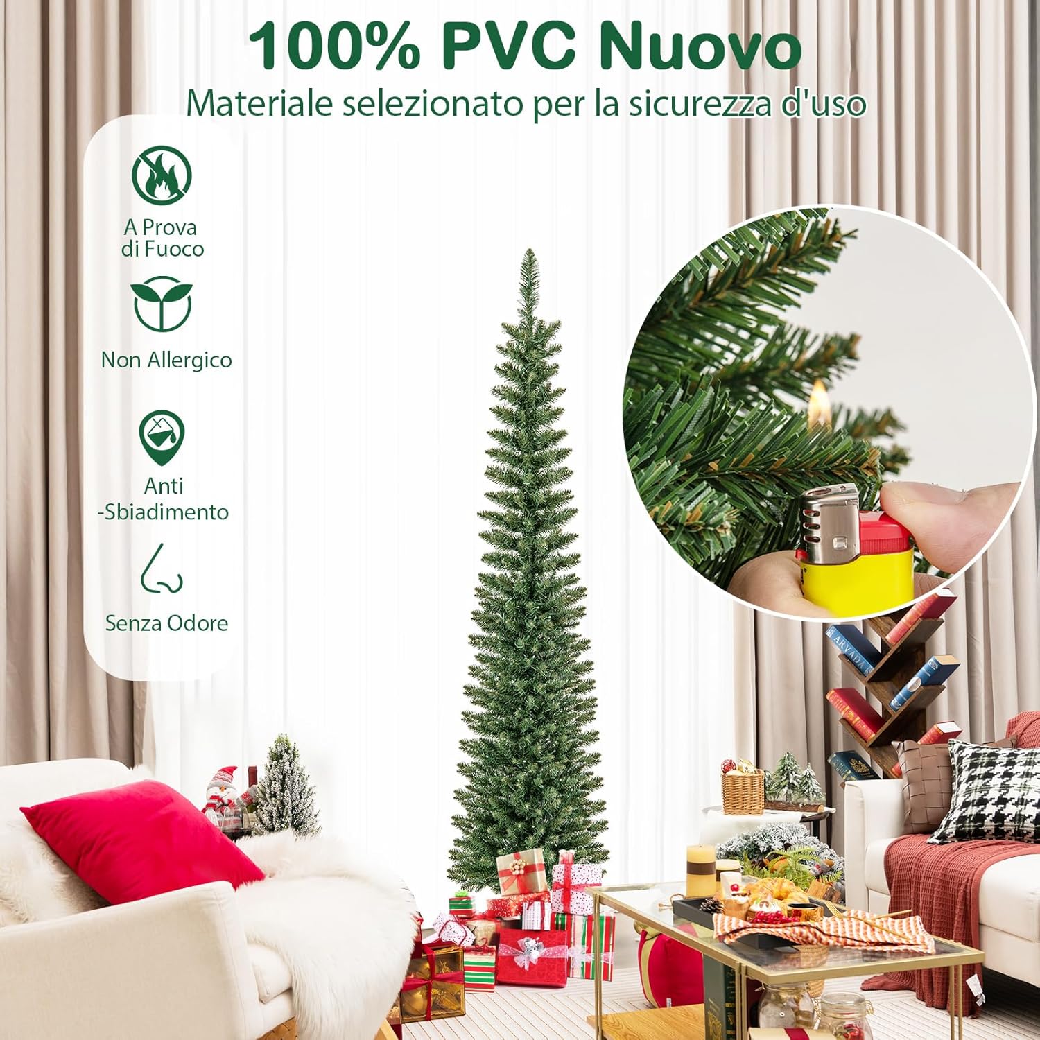 Albero di Natale Slim da 150/180/210 CM, Albero di Natale Artificiale con 296/390/499 Punte di Ramo, 150/180/200 Luci LED Bianche Calde, Supporto Pieghevole in Metallo (180 cm)