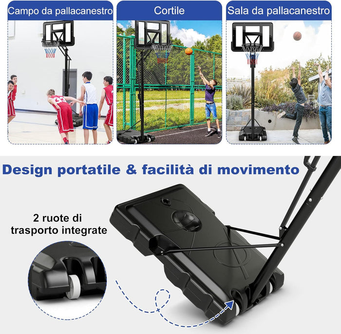 Canestro Basket da Interno ed Esterno per Adulti, Canestro da Basket Professionale e Regolabile in Altezza da 245 a 305 cm con Tabellone da 111cm, Base Riempibile e 2 Ruote
