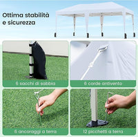 Gazebo Pop-up da Esterno 590 x 300 cm, Gazebo Regolabile in Altezza con Borsa con Ruote, Picchetti, Ancoraggi, Corde Antivento e Sacchi di Sabbia, Tenda Pieghevole per Campeggio (Bianco)