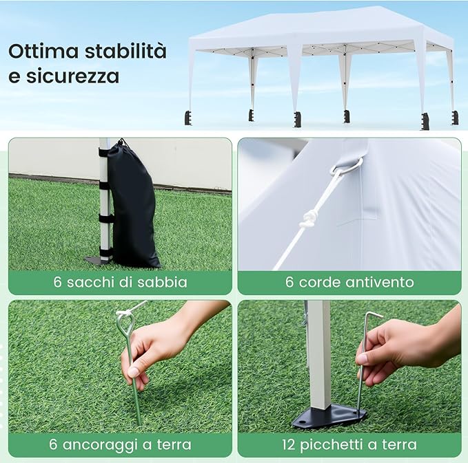 Gazebo Pop-up da Esterno 590 x 300 cm, Gazebo Regolabile in Altezza con Borsa con Ruote, Picchetti, Ancoraggi, Corde Antivento e Sacchi di Sabbia, Tenda Pieghevole per Campeggio (Bianco)
