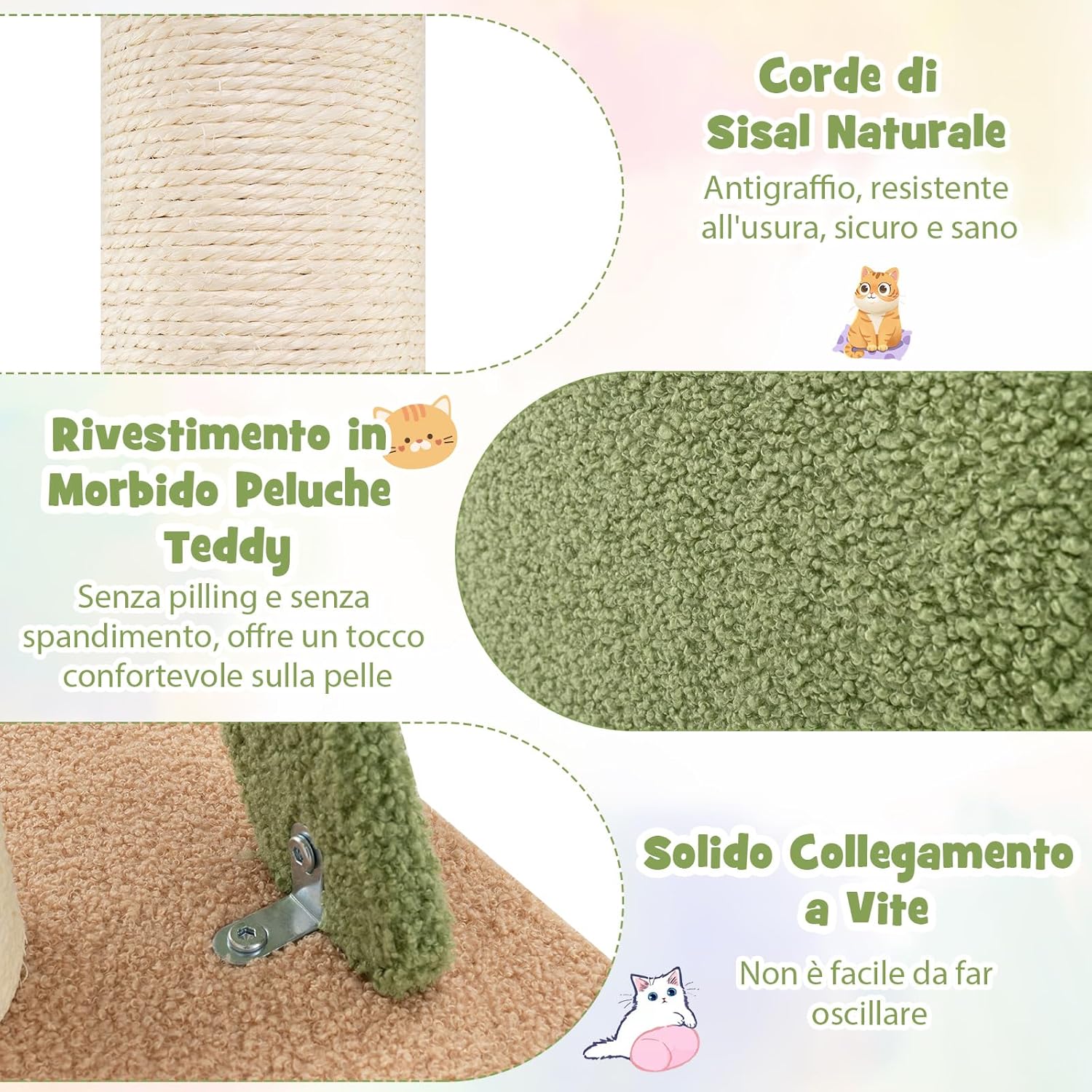 Tiragraffi per Gatti con Altezza Regolabile 218-253cm, Torre per Animali Domestici con 5 Livelli, Cordino, Pali in Sisal e Scala, Albero per Gatti, Verde
