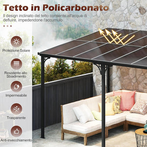 Gazebo da Esterno 305 x 400 x 264 cm, Gazebo Grande con Tetto Inclinato in Policarbonato e Struttura in Metallo, Tenda Impermeabile per Terrazzo, Giardino e Patio