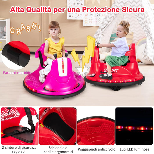 6V Autoscontro Elettrico per Bambini, Veicolo Elettrico con Telecomando, Girevole a 360°, Luci LED Colorate e Cintura di Sicurezza Regolabile, 37-95 Mesi (Rosso)