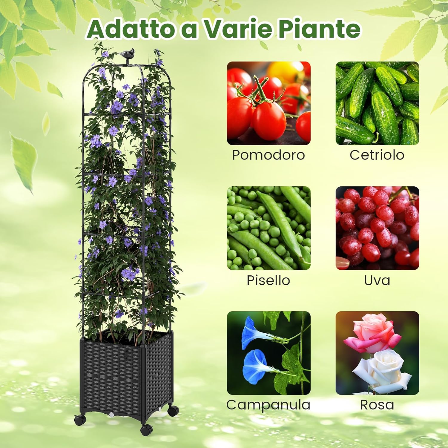 Traliccio per Rampicanti da Esterno, Obelisco Regolabile in Altezza tra 106-211 cm con Vasca per Piante e Ruote Bloccabili, Obelisco in Metallo per Fiori, Frutti e Verdure