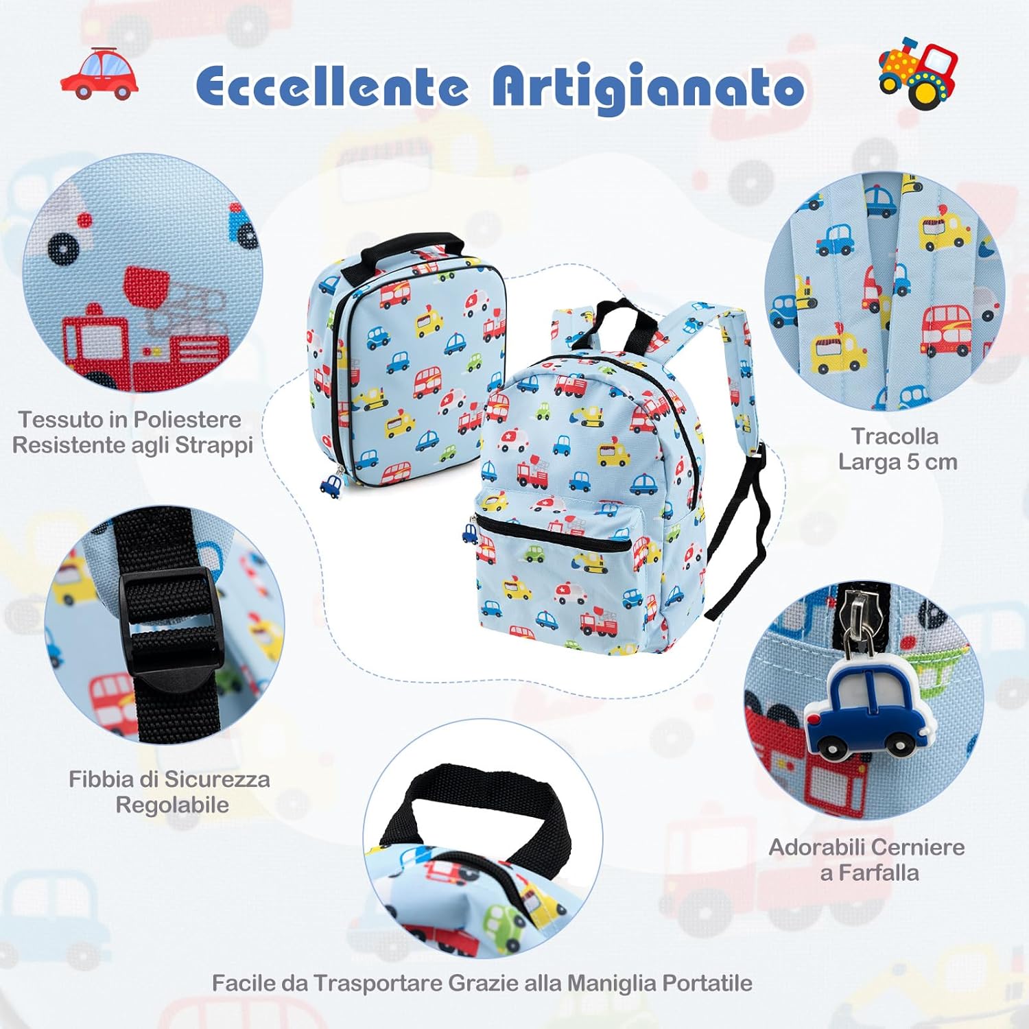 5 Pezzi Valigia per Bambini, Valigia con ManicoTelescopico da 16" con 13" Zainetto, Cuscino per Il Collo, Etichetta per Bagaglio, Borsa per Il Pranzo, con Ruote Girevoli a 360 ° (Modello 3)