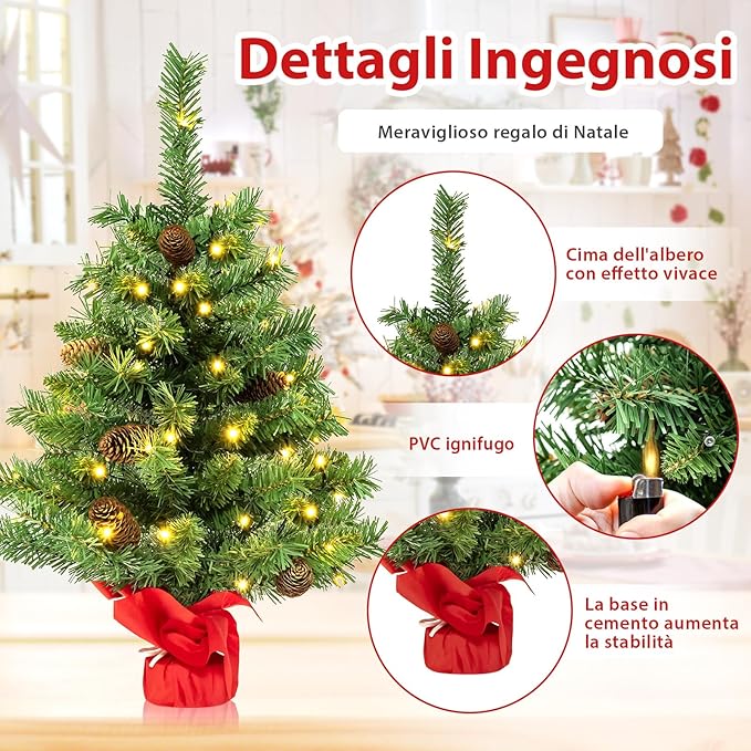 Albero di Natale Piccolo 64 cm con Luci, Mini Albero di Natale da Tavolo con 50 Luci LED 8 Modalità di Illuminazione 8 Pigne e Base in Cemento, Albero Artificiale Piccolo da Casa Ufficio