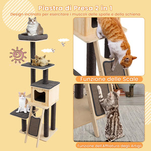 Albero Tiragraffi per Gatti Alto 175CM con Pali Sisal e Rampa Tiragraffi, Tiragraffi per Gatti Moderna a 6 Livelli con Cuscinetti Nicchia Trespolo, per Gatti Adulti e Gattini