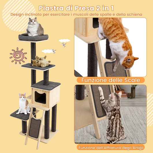Albero Tiragraffi per Gatti Alto 175CM con Pali Sisal e Rampa Tiragraffi, Tiragraffi per Gatti Moderna a 6 Livelli con Cuscinetti Nicchia Trespolo, per Gatti Adulti e Gattini