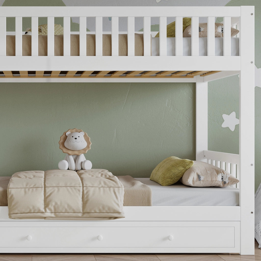 Letto a castello per bambini 90 × 200 cm con scala dritta a 4 gradini, barriere su 4 lati, senza materasso, bianco naturale