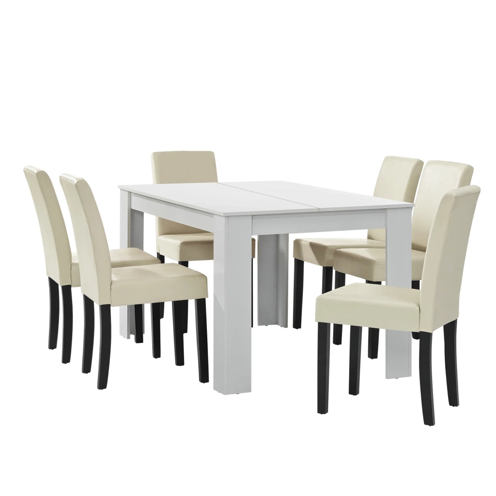 Tavolo da pranzo bianco opaco con 6 sedie panna-pelle sintetica rivestite 140x90 cm 03_0004020