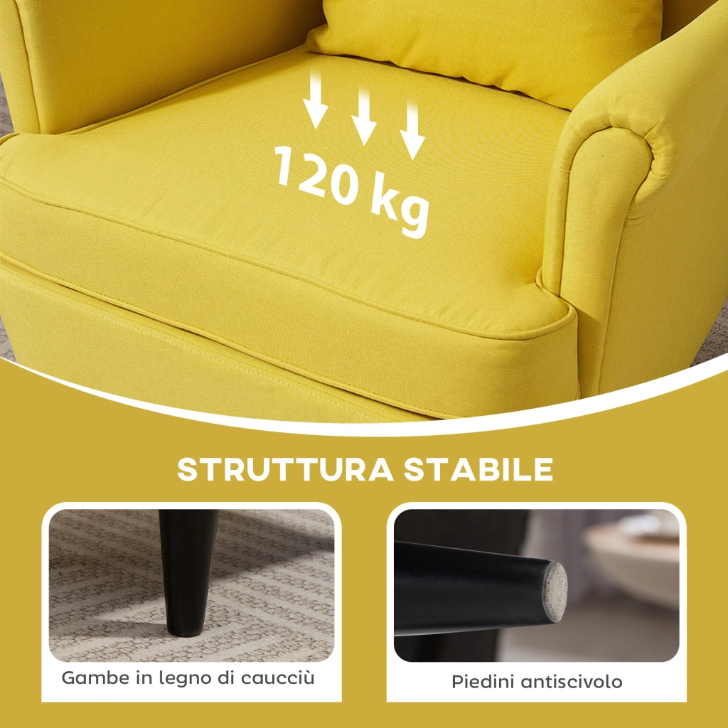 Poltrona con Poggiapiedi in Stile Contemporaneo, in Tessuto Effetto Lino e Legno di Caucci¨´, 75x83x104 cm, Giallo