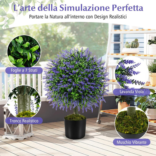 Set di 2 Alberi di Topiario Artificiale con Lavanda, Albero di Bosso Finto da 58 cm con Vaso Riempito di Cemento, Pianta Finta Resistente al Sole per Interni ed Esterni