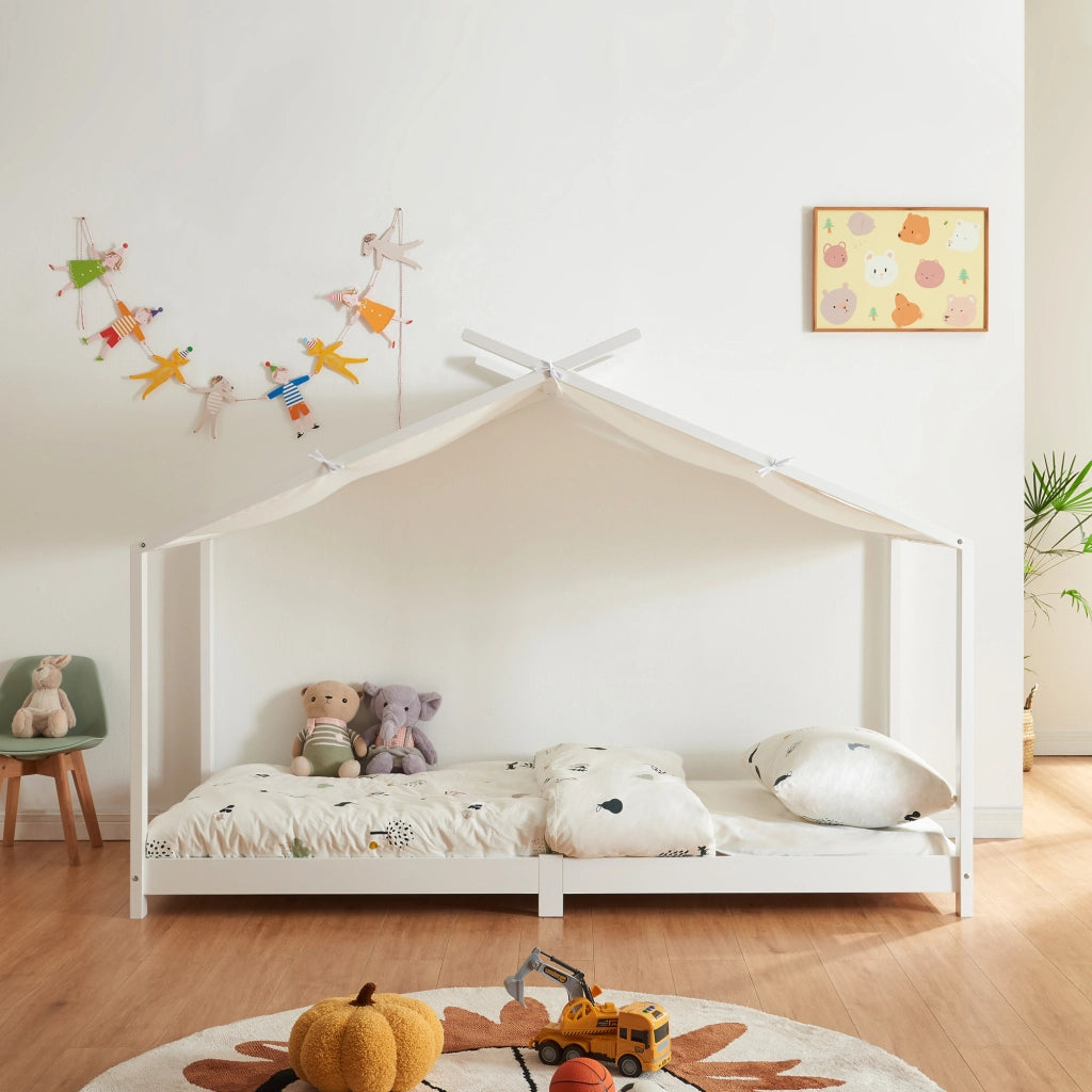 Letto Brome per Cameretta a Forma di Casetta e Materasso 90x200 cm Legno di Pino - Bianco [en.casa]