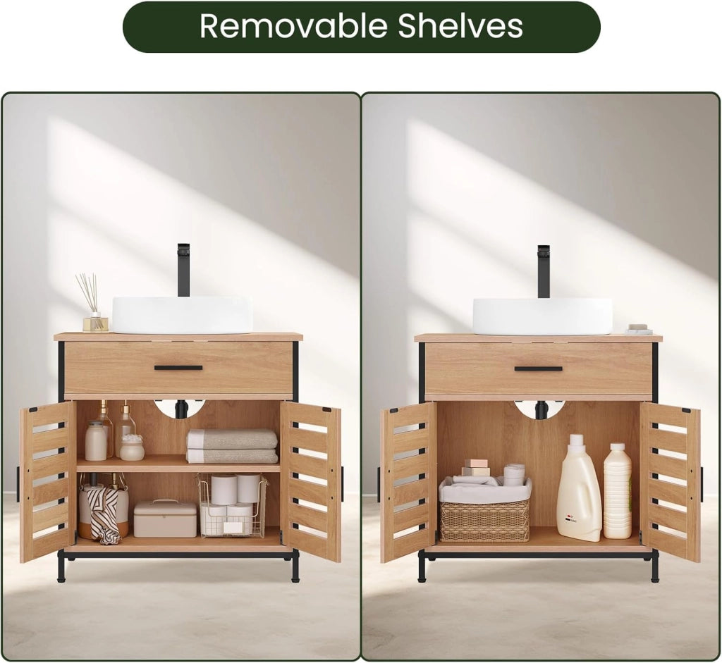 Mobiletto, Mobile Lavabo, Mobile Bagno, con 1 Cassetto Grande, 2 Ante a Ribalta, Ripiano Regolabile, MDF, 60x30x60cm, Rovere Chiaro