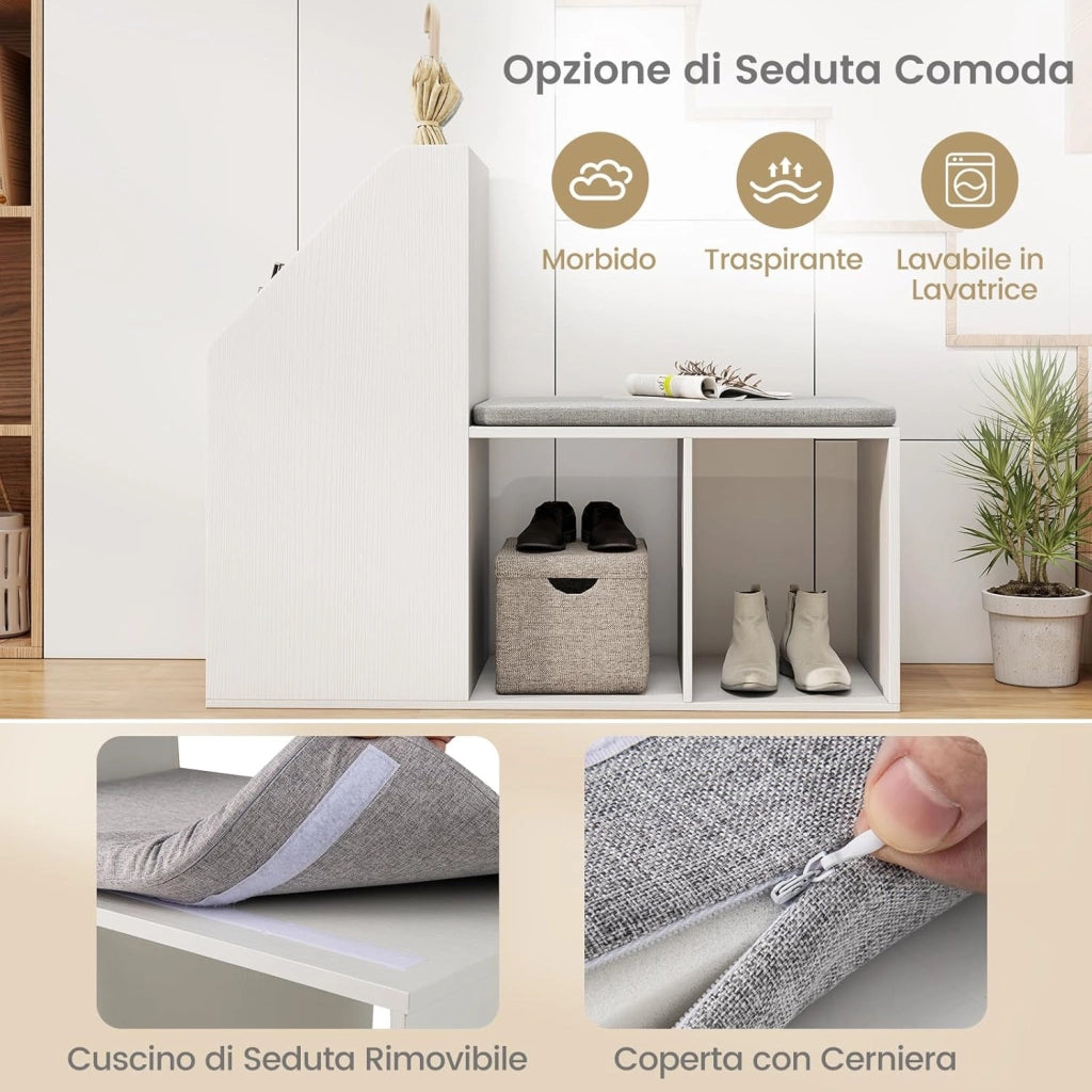 Panca Scarpiera con Cuscino Rimovibile e Scaffale 2 in 1, Scaffale Portaoggetti a 3 Cubi e 3 Ripiani per Libri, Panca per Scarpe da Ingresso e Soggiorno, 97 x 40 x 79 cm, Bianco