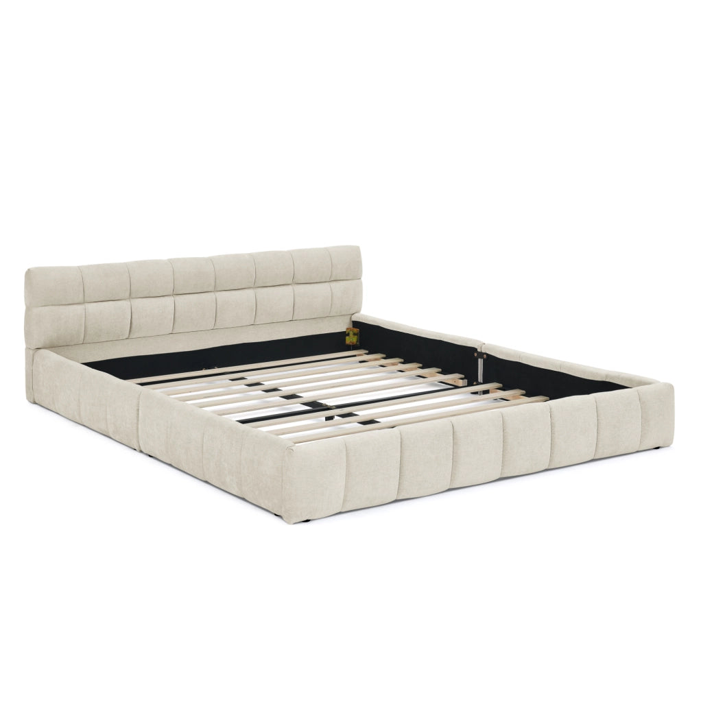 Letto matrimoniale imbottito 160x200 cm in chenille beige con struttura in legno di eucalipto e ferro
