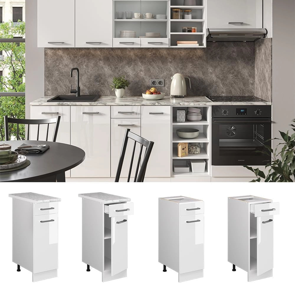 Mobiletto base per cucina R-Line, Bianco lucido, 30 cm, PL Marmo, per la libera combinazione all'interno di sistemi cucina modulari