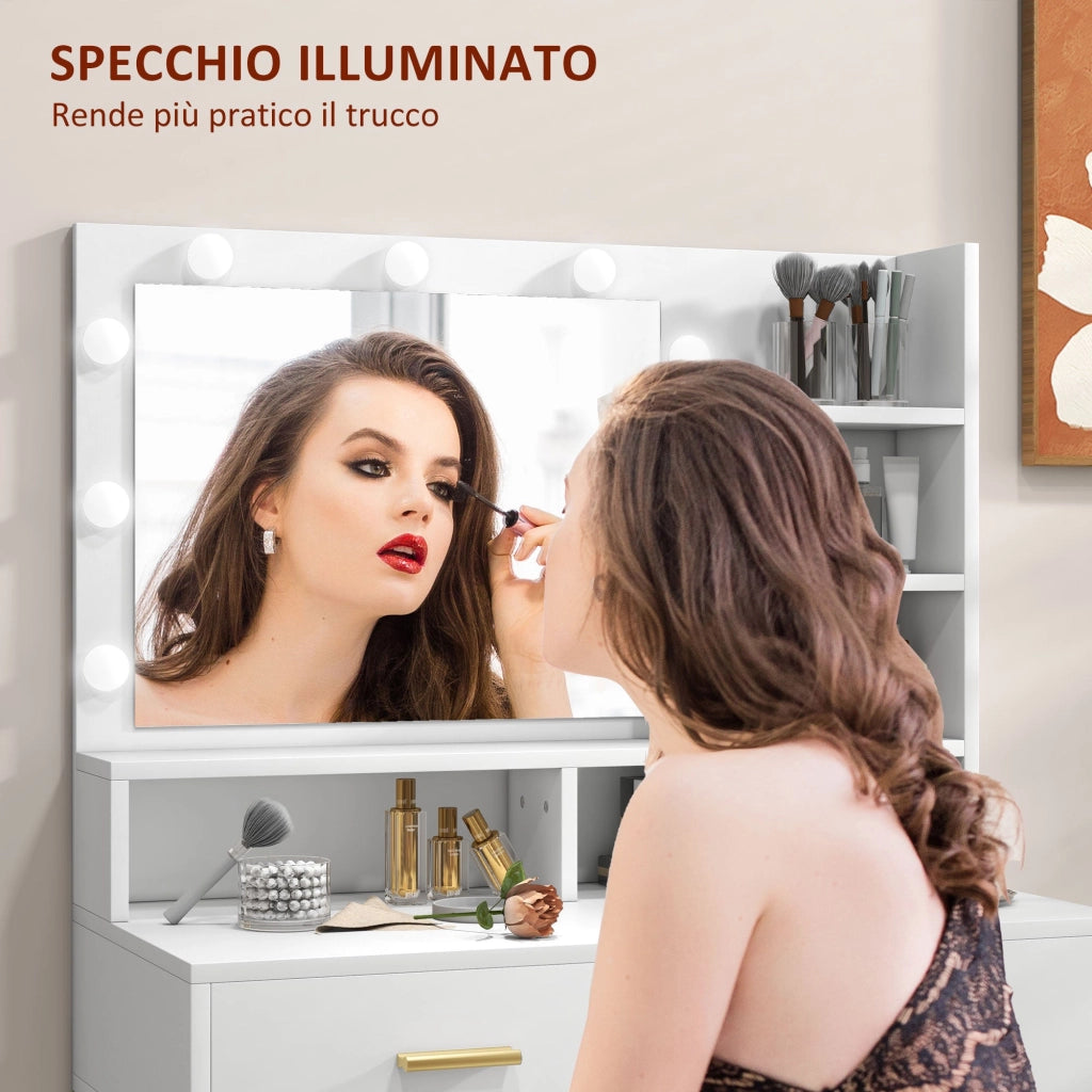 Mobile Toeletta con Specchio 2 Cassetti 5 Ripiani e Sgabello 80x40x138 cm in MDF e Truciolato Bianco