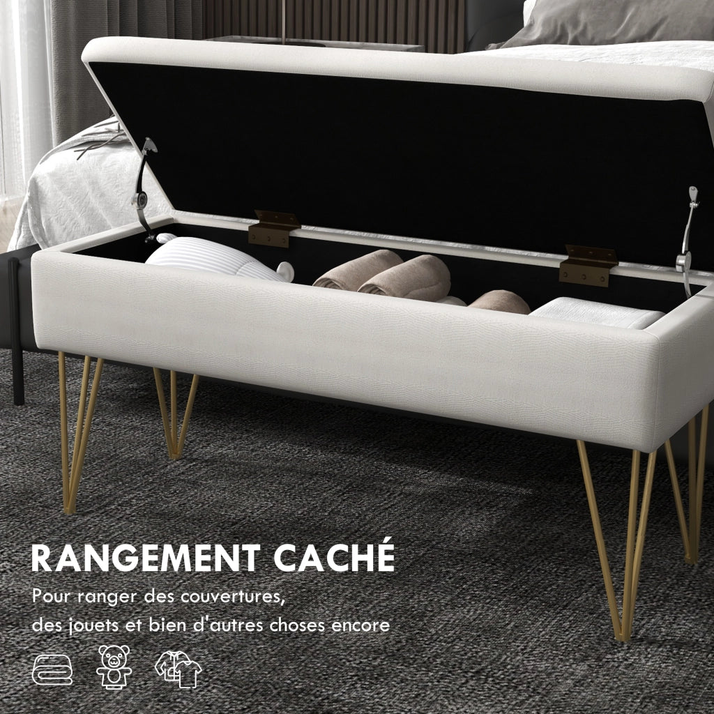 Divano letto 2 posti con contenitore ¨C Zephmum ¨C Tessuto crema, gambe in metallo dorato, 100x40x49 cm