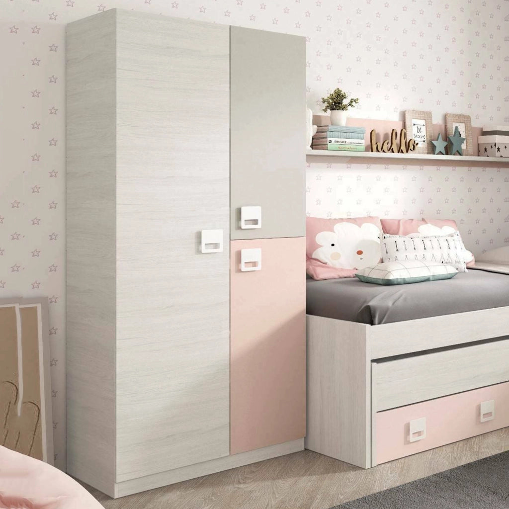 Guardaroba Aronia, Armadio per cameretta, Mobile a 3 ante e 3 ripiani con barra appendiabiti, cm 90x52h200, Grigio e Rosa