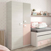 Guardaroba Aronia, Armadio per cameretta, Mobile a 3 ante e 3 ripiani con barra appendiabiti, cm 90x52h200, Grigio e Rosa