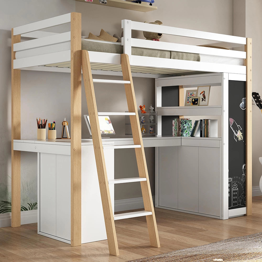 Letto a castello 90x200cm - Xylo - bianco/naturale, lavagna, ripiani
