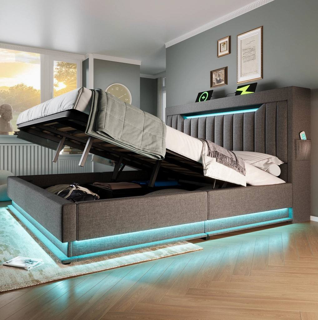 Letto matrimoniale 140x200 cm in lino grigio con LED; testiera con USB e porta Type-C; contenitore idraulico