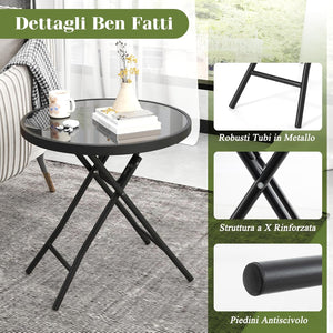 Tavolino da Giardino Pieghevole da 46 cm, Tavolino Rotondo Compatto da Patio, con Piano in Vetro Temperato e Struttura in Metallo, Tavolino Laterale Portata 50 kg (Nero)