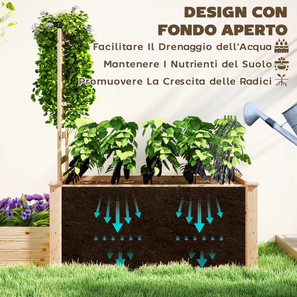 Fioriera Rialzata con Grigliato per Rampicanti e Divisorio, in Legno di Abete, 222x63x132 cm, color Legno