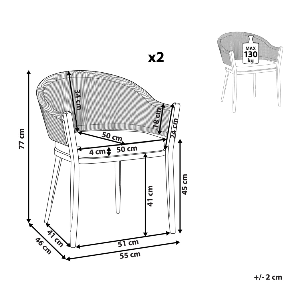 Set di 2 Sedie da Pranzo da Giardino Struttura in Metallo Grigio con Cuscini in Corda Design Moderno