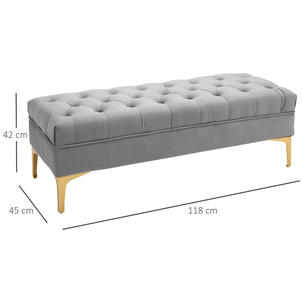 Panca da letto imbottita in velluto con seduta capitonné e gambe dorate in legno grigio chiaro 118 × 45 × 42 cm