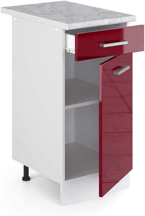 Base universale R-Line, Rosso bordeaux lucido, 40 cm con cassetto, con piano di lavoro, adatto per essere riposto in modo salvaspazio nelle cucine componibili