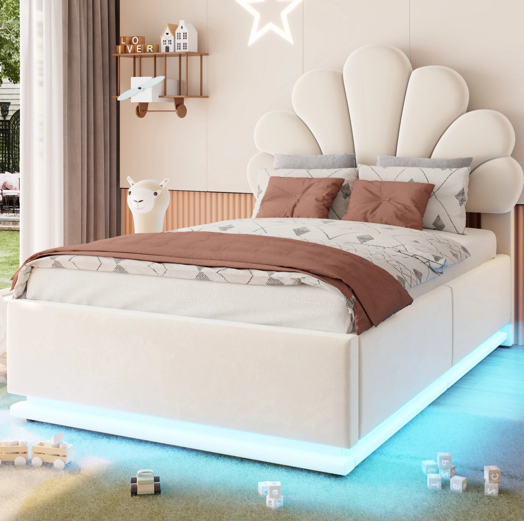 Letto imbottito 90x200 beige con vano contenitore e LED