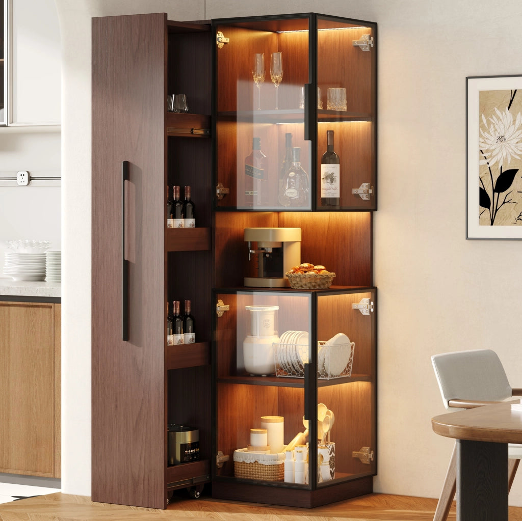 Vetrina alta 70x38x160 cm in MDF e vetro; finitura noce; con ripiani estraibili e LED