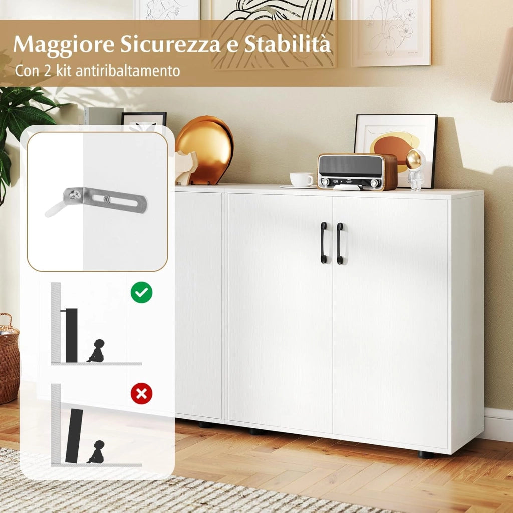 Credenza Bassa per Soggiorno con 2 Ante e Mensola Regolabile su 5 Livelli, Mobile da Cucina Moderno in Legno, Mobiletto Salvaspazio per Salotto e Ingresso, 80 x 31,5 x 82 cm (Bianco)