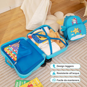 Valigia Cavalcabile per Bambini, 18" Valigia+ 12" Zaino,2 Pezzi, Trolley Bambini Bagaglio a Mano con Ruote Girevoli e Maniglia Retrattile, 2 Cingie Multiuso (Modello 2)