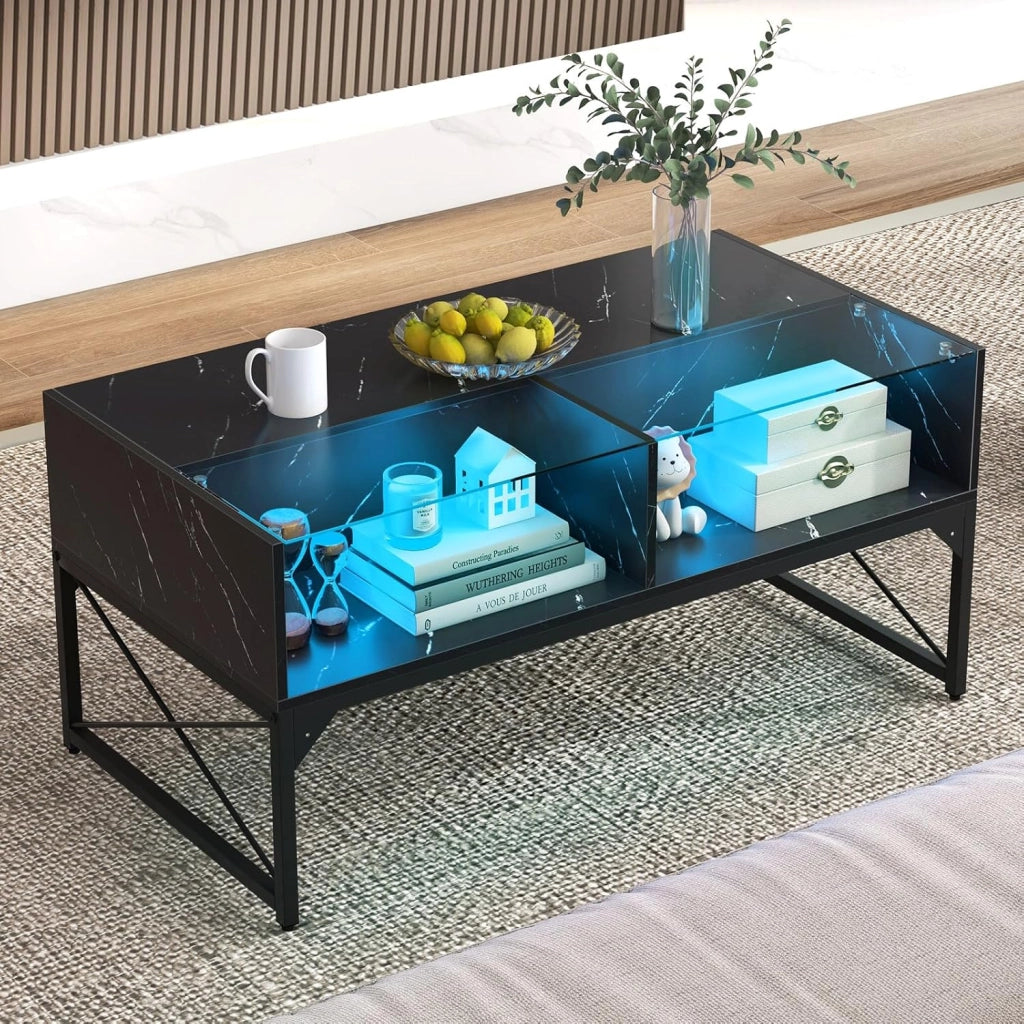 COSTWAY Tavolino da Salotto, Tavolino da Caffè da in Vetro e Legno con Luce LED Multicolore Regolabile a Telecomando e Ripiani, Tavolino per Soggiorno e Ufficio, 105 x 55 x 50 cm (Nero)