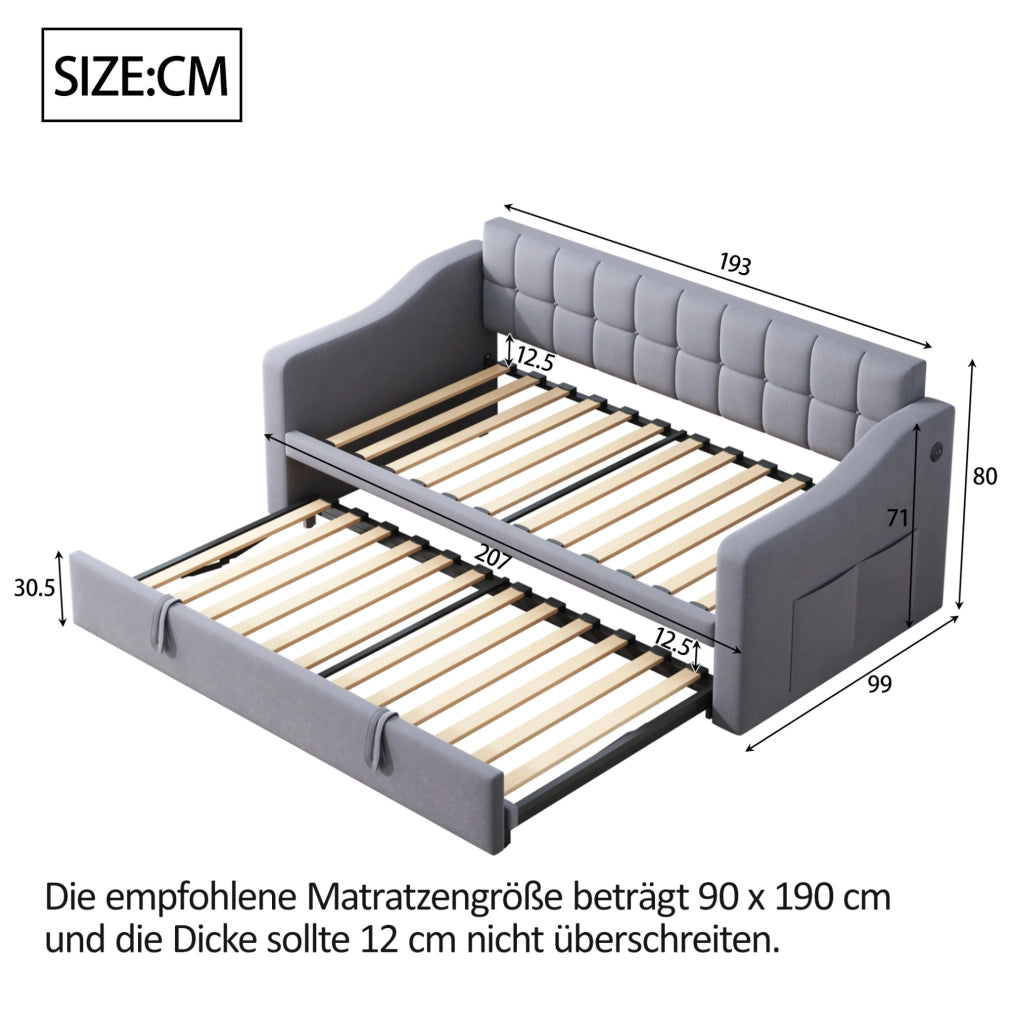 Letto imbottito estraibile 90x190 cm in velluto grigio con porte USB