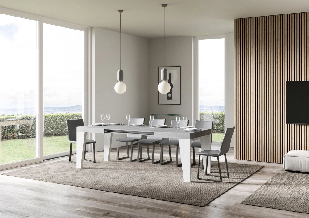 Tavolo Allungabile 130/390x90x77 cm Naxy Mix piano Cemento gambe Bianco Frassino