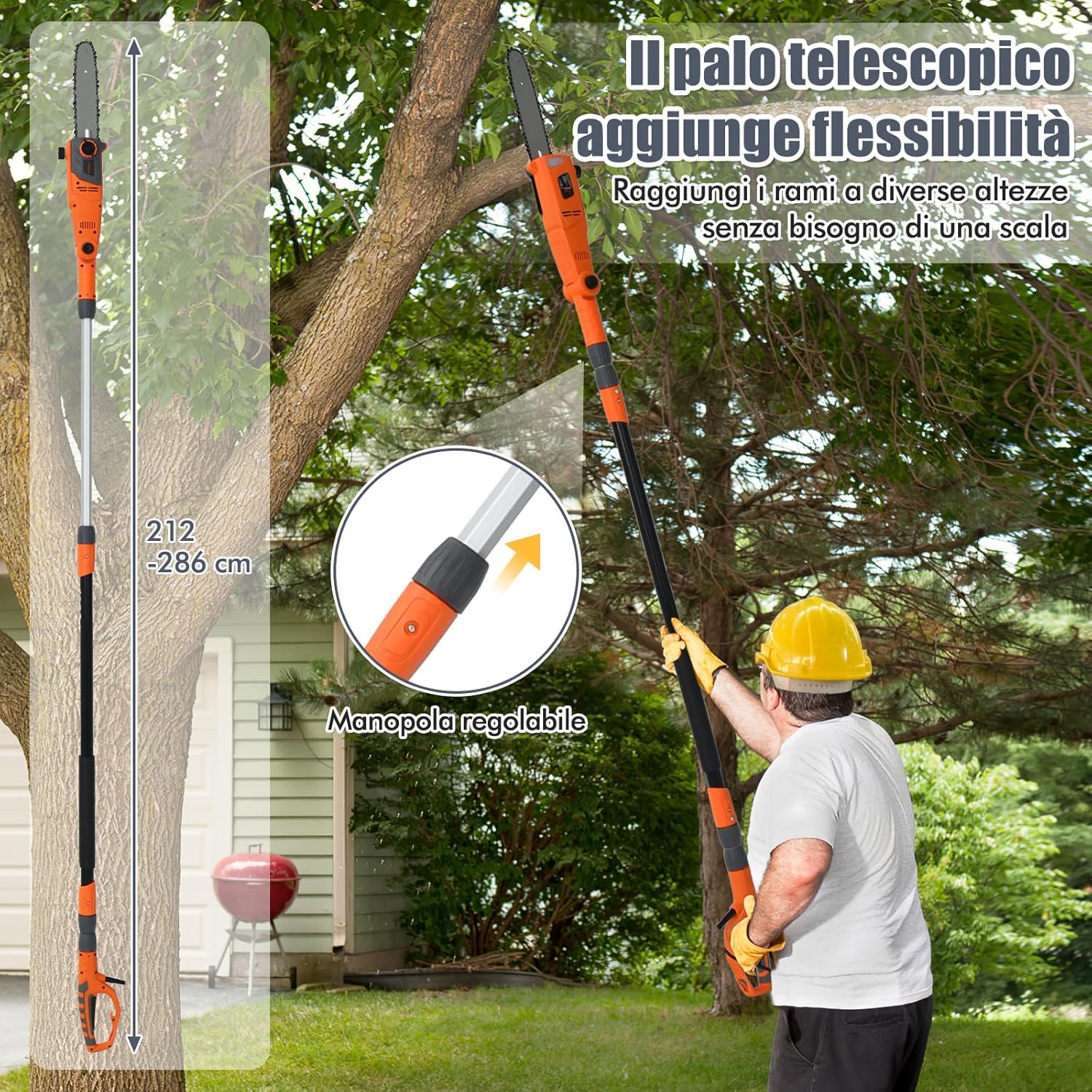 Motosega Telescopica Elettrica da 212-286 cm, Motosega Multiangolare con Testa Regolabile, Installazione senza Attrezzi, Leggera e con Cavo per Taglio di Rami e Legno