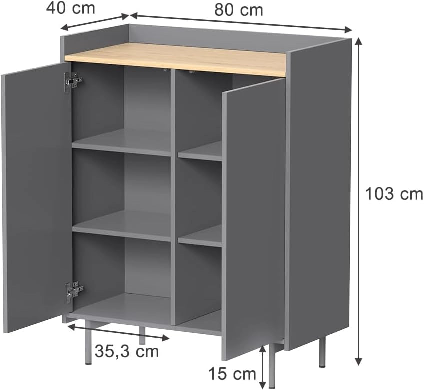 Credenza Velina, Grigio, 80 x 103 cm con 6 scomparti, adatto per la conservazione di oggetti domestici